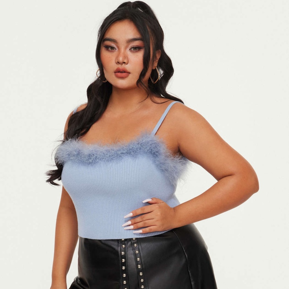 CIDER | Curve & Plus Size Classic Blue Tank with Fur Trim